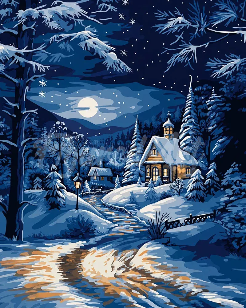 Figured'Art Winterhuisje bij Maanlicht diamond painting 40x50 cm