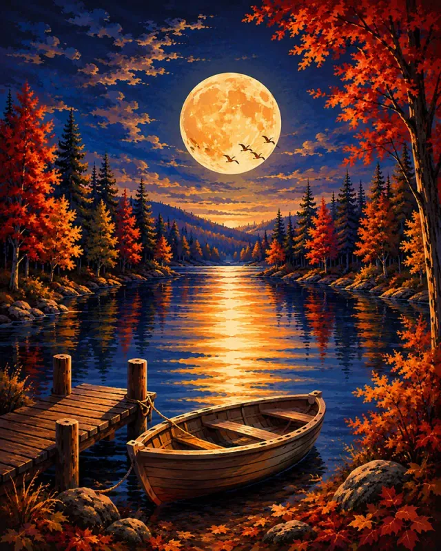 Figured'Art Harvest Moon boven het Meer diamond painting 40x50 cm