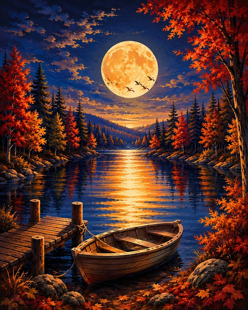 Figured'Art Harvest Moon boven het Meer diamond painting 40x50 cm