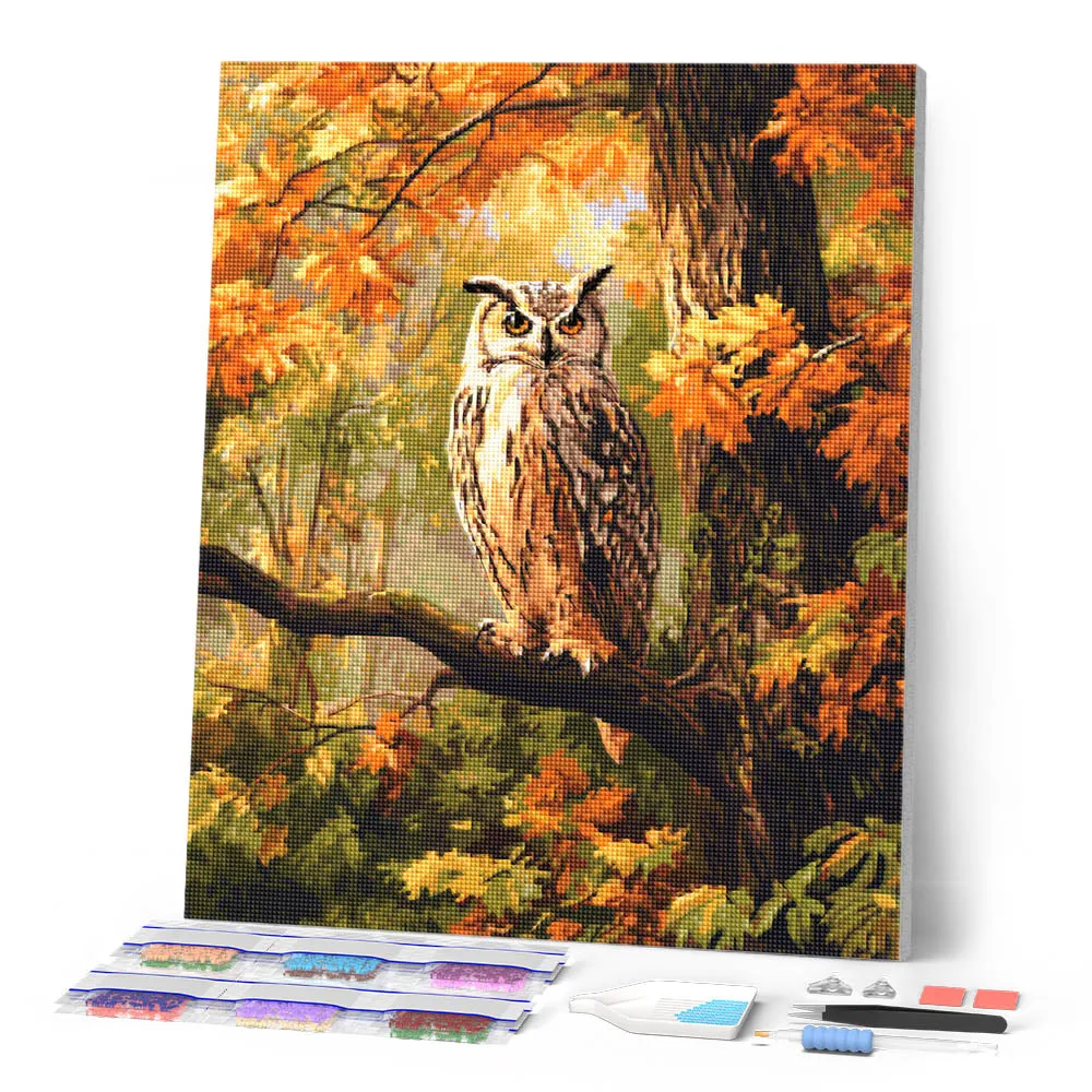Figured'Art Uil tussen gouden bladeren diamond painting 40x50 cm