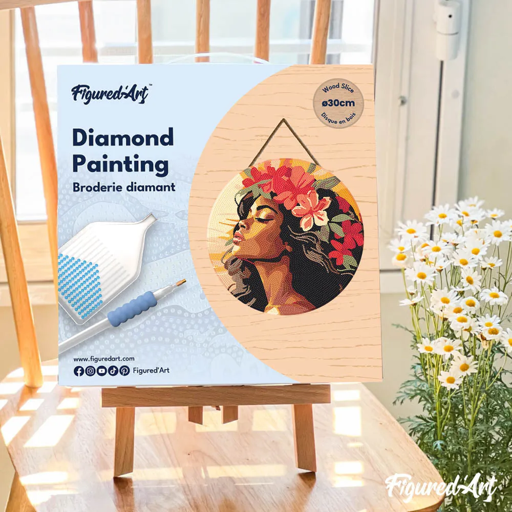 Figured'Art Bloemenvrouw diamond painting houten schijf 30cm rond