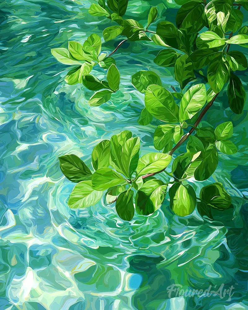 Figured'Art Bladeren op kristalhelder water schilderij op nummer 40x50