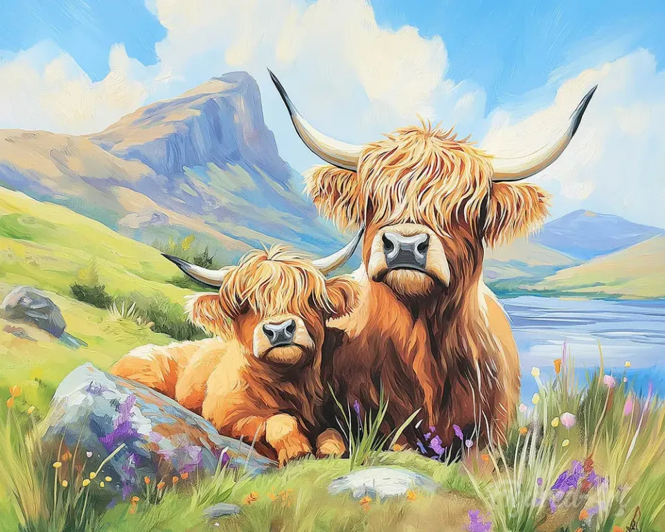 Figured'Art Schotse Hooglander met Kalfje diamond painting 40x50