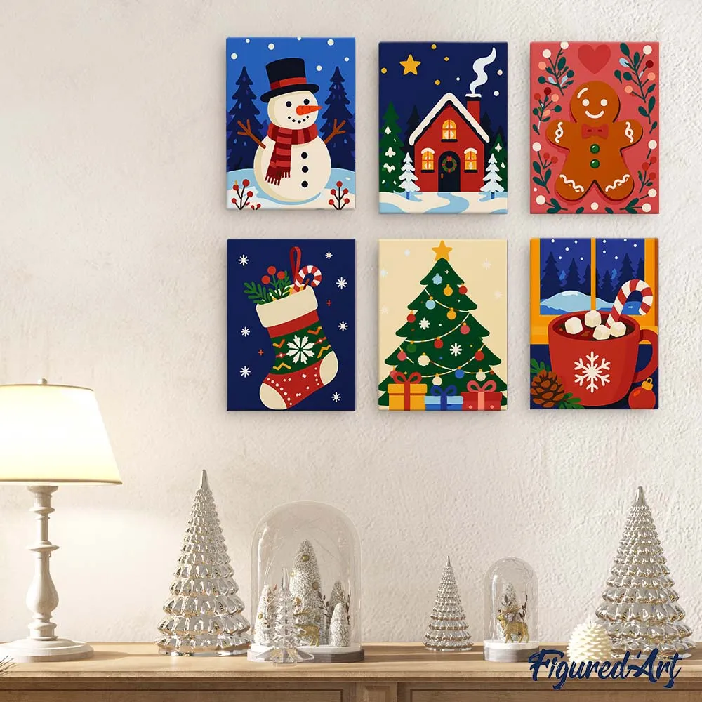 Figured'Art Feestelijke Winter schilderen op nummer 15x20cm 6 stuks