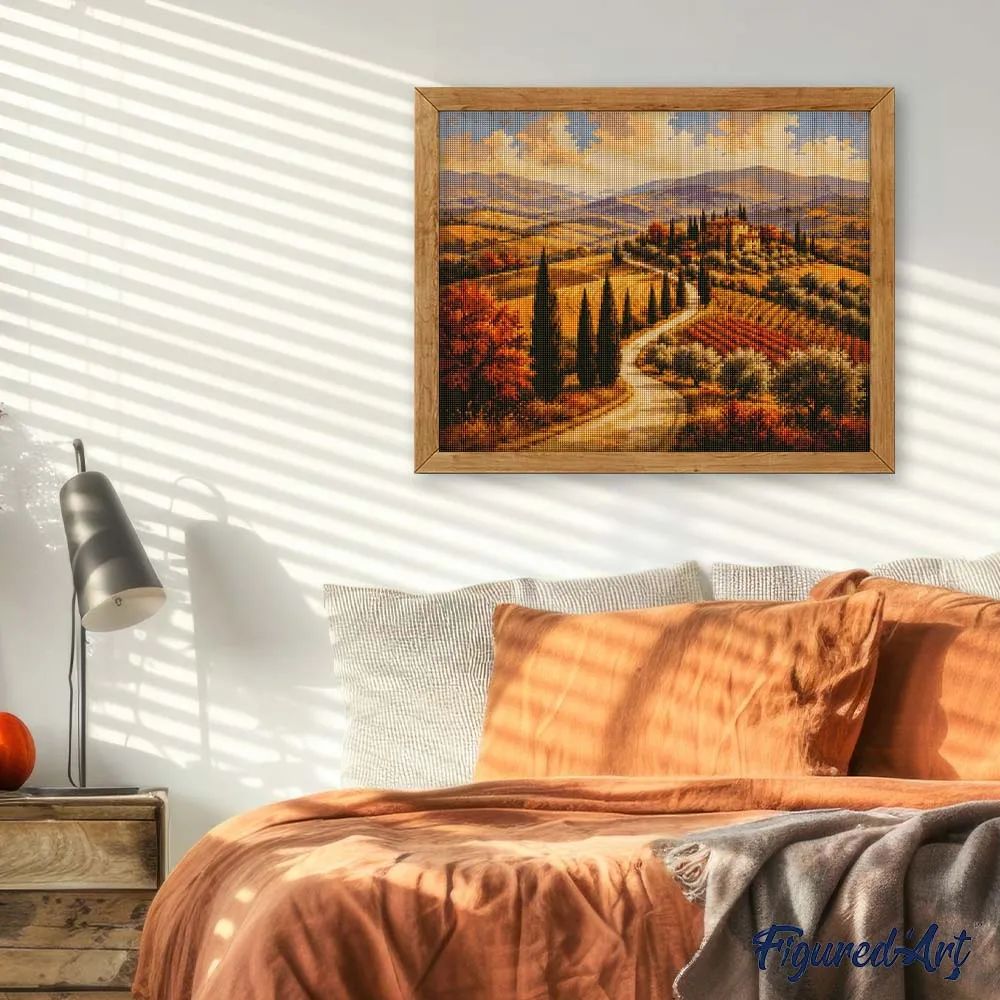 Figured'Art Toscaanse Heuvels met Cipressen diamond painting 40x50 cm rond
