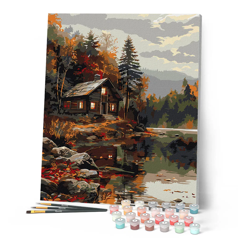 Figured'Art Gezellige Hut Herfstmeer schilderen op nummer 40x50 cm
