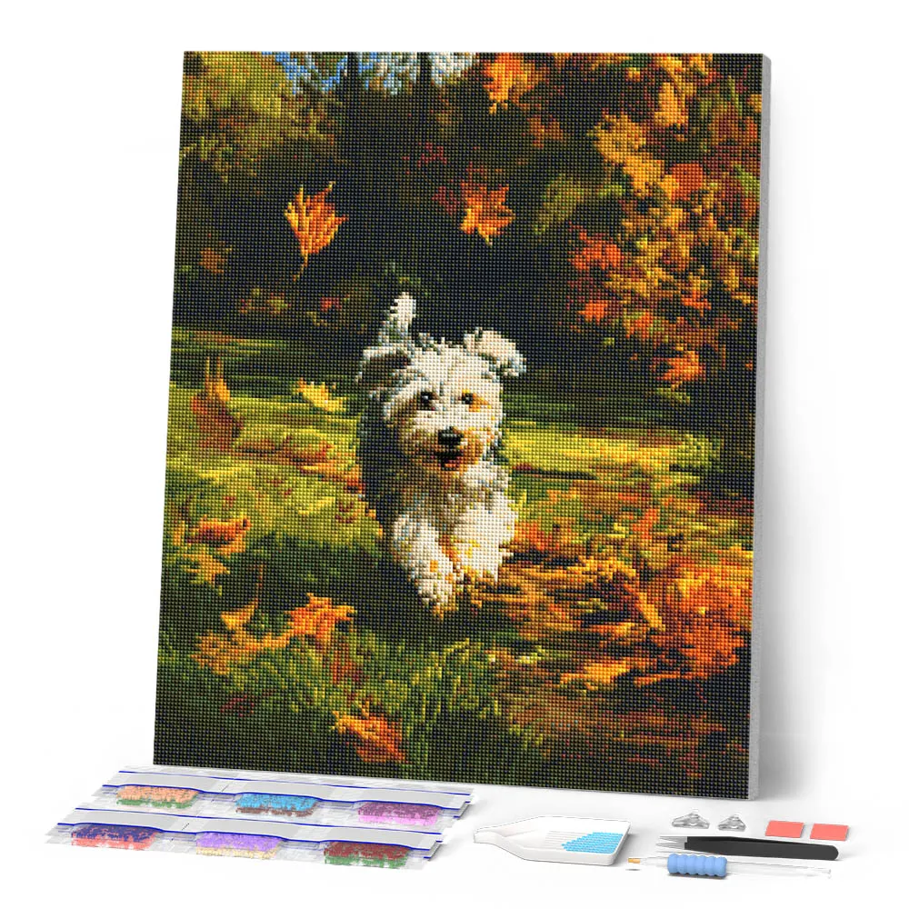Figured'Art Vrolijke pup in de herfst diamond painting 40x50 hond