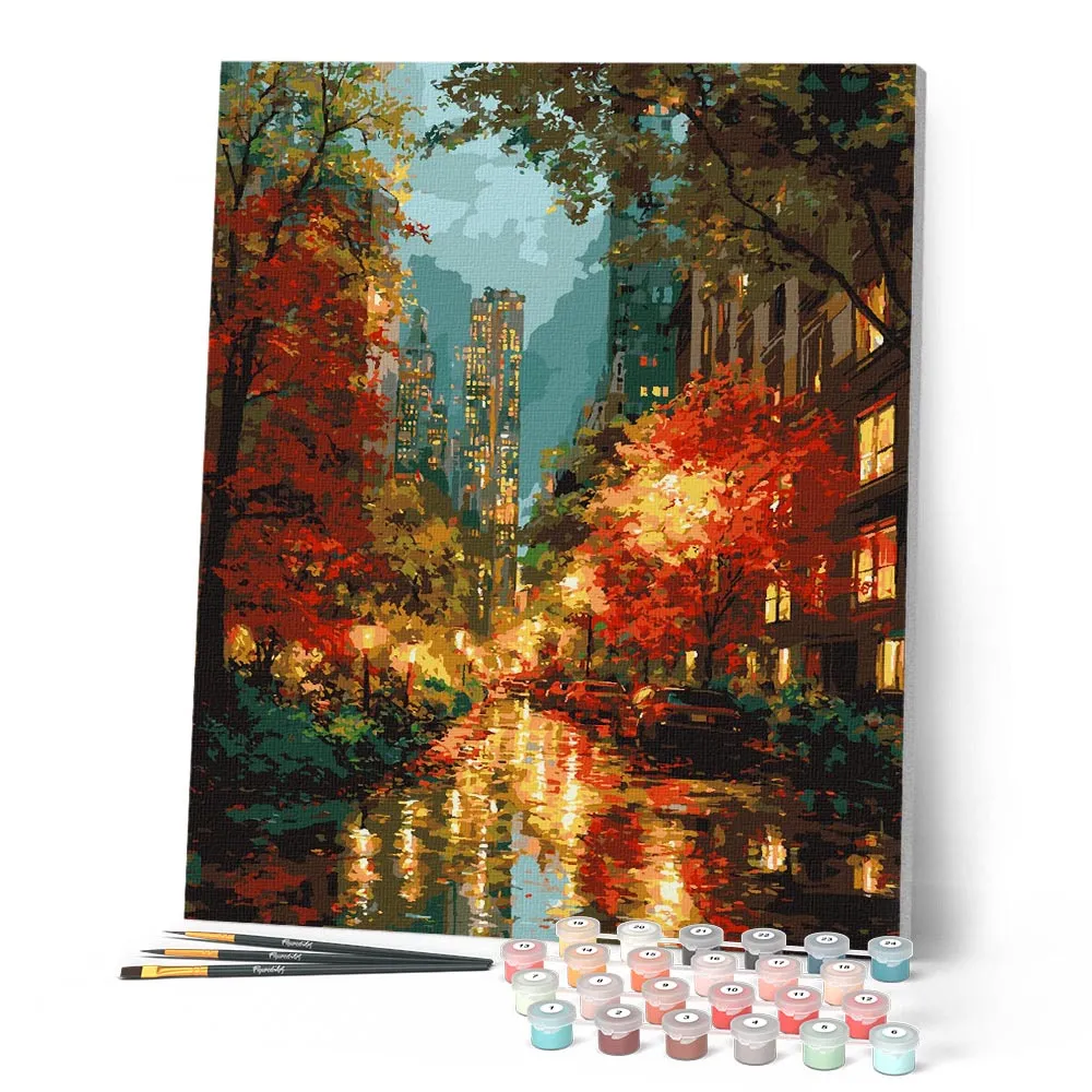 Figured'Art Stadslichten herfst schilderen op nummer 40x50cm linnen
