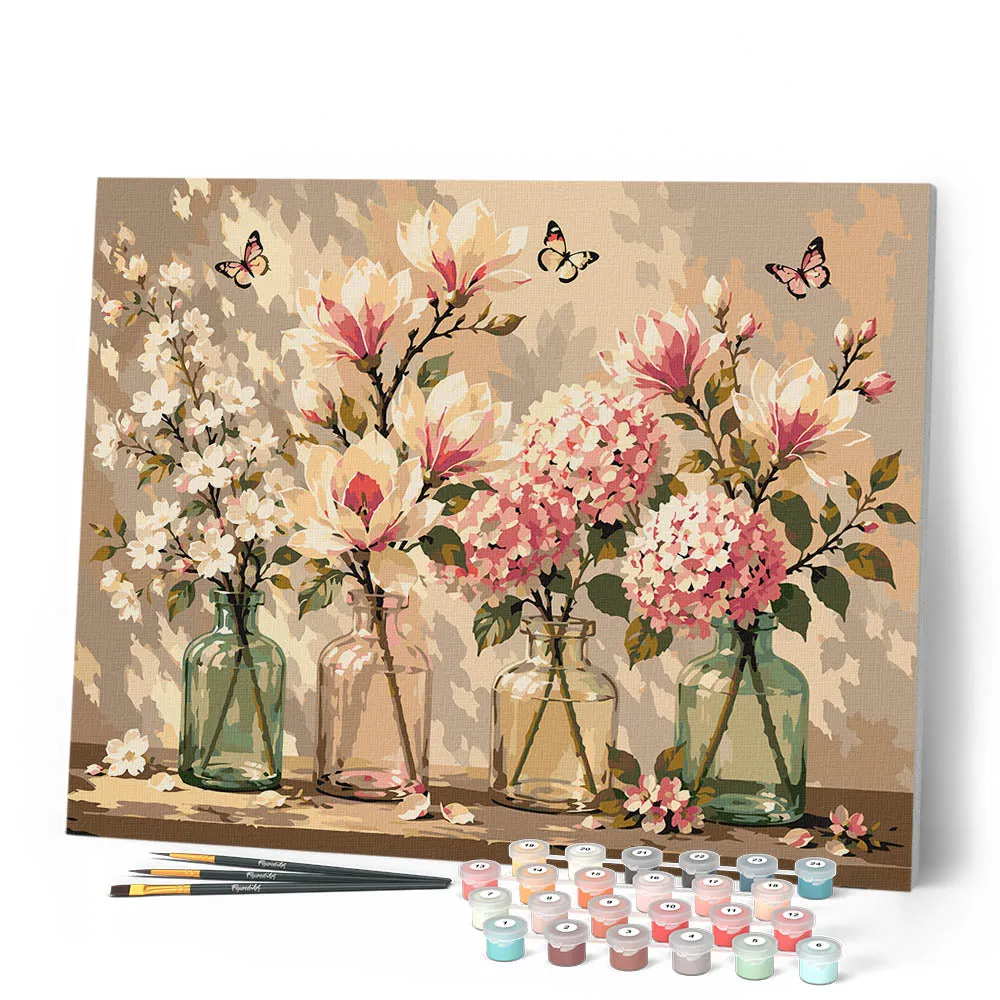 Figured'Art Magnolia en vlinders schilderen op nummer bloemen