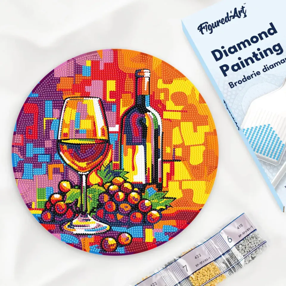 Figured'Art Wijn en Druiven diamond painting houten schijf 30cm