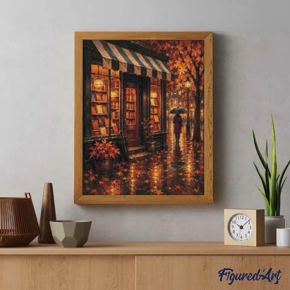 Figured'Art Regenachtige Herfstboekwinkel diamond painting 40x50 herfst