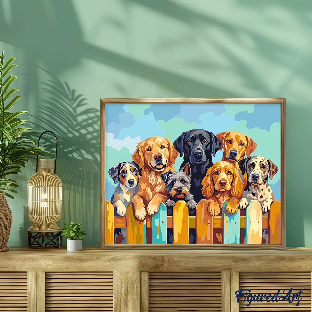 Figured'Art Honden bij het hek schilderen op nummer eenvoudig dieren