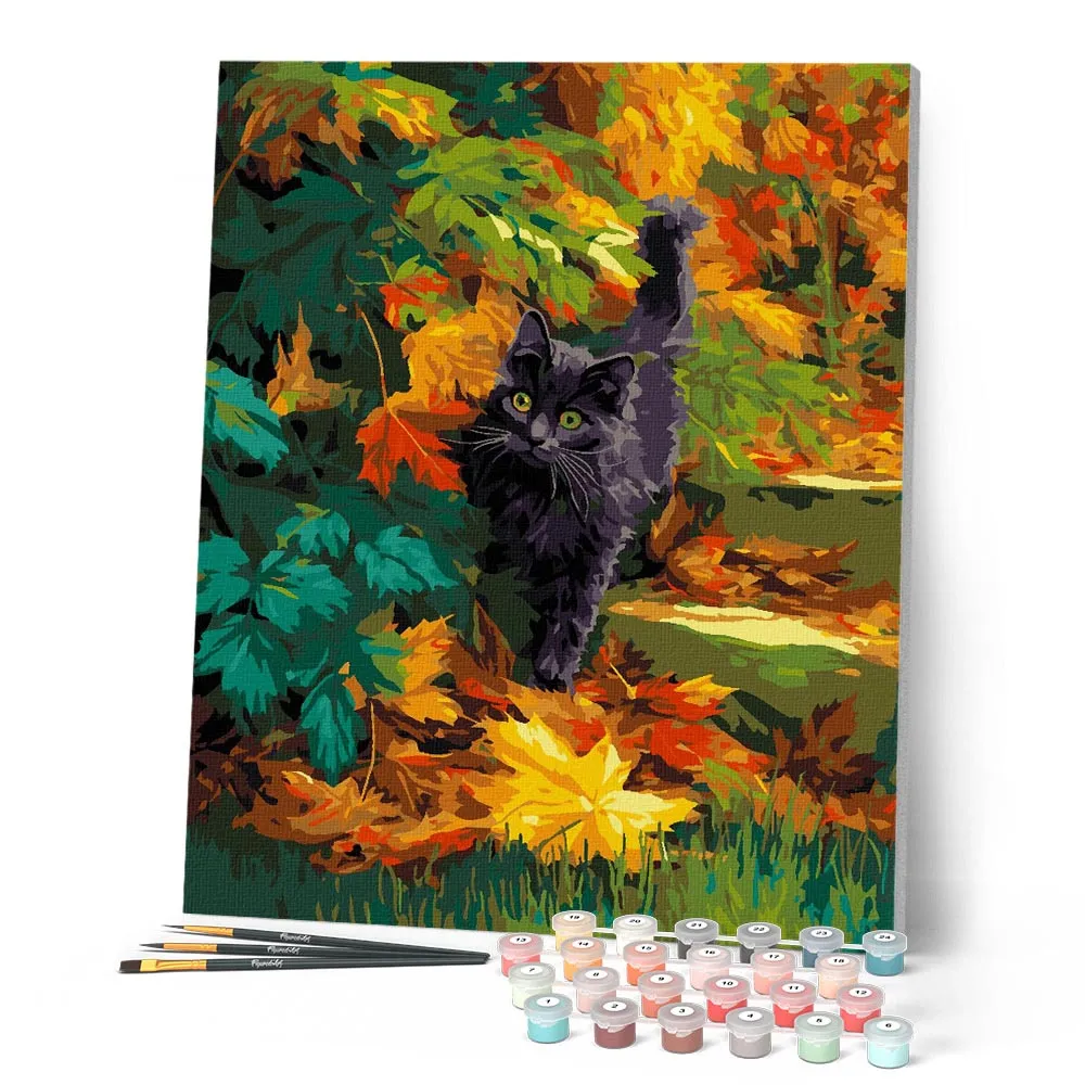 Figured'Art Zwarte kat in de herfst schilderen op nummer 40x50cm