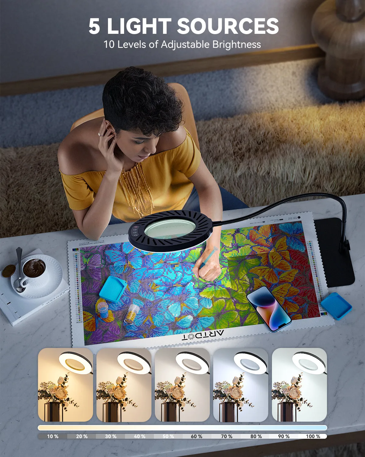 ARTDOT vergrootglas met licht en standaard 10x 144 LED lamp