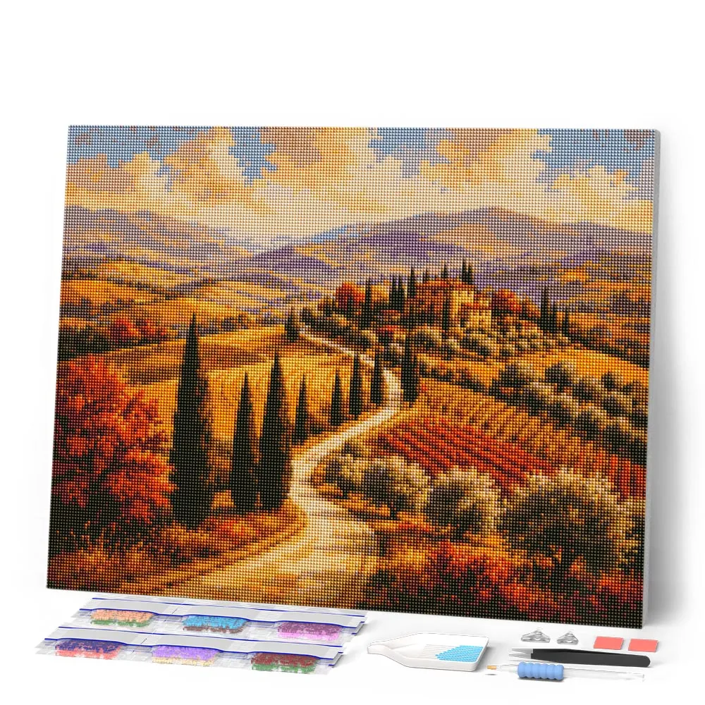 Figured'Art Toscaanse Heuvels met Cipressen diamond painting 40x50 cm rond