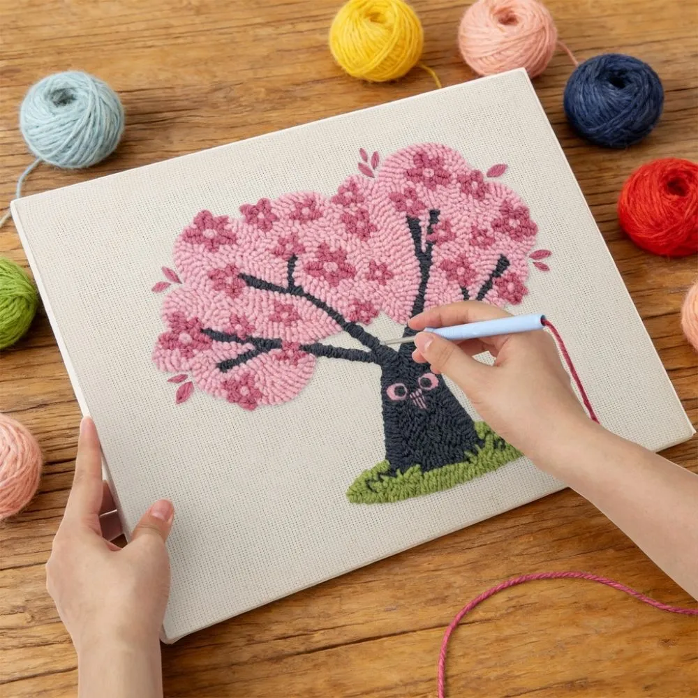 Figured'Art Kersenboom met Uilen punch needle pakket 20x30 met frame