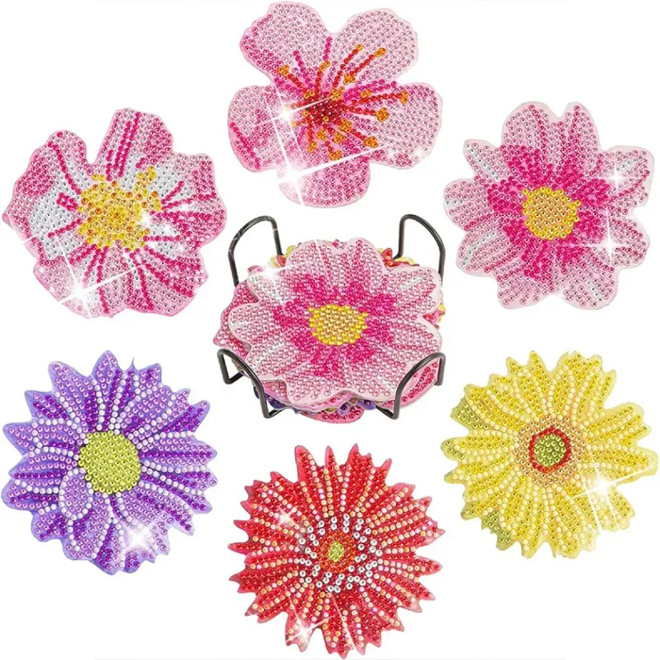 Figured'Art Bloemen diamond painting onderzetters 10x10 cm 6 stuks kurk