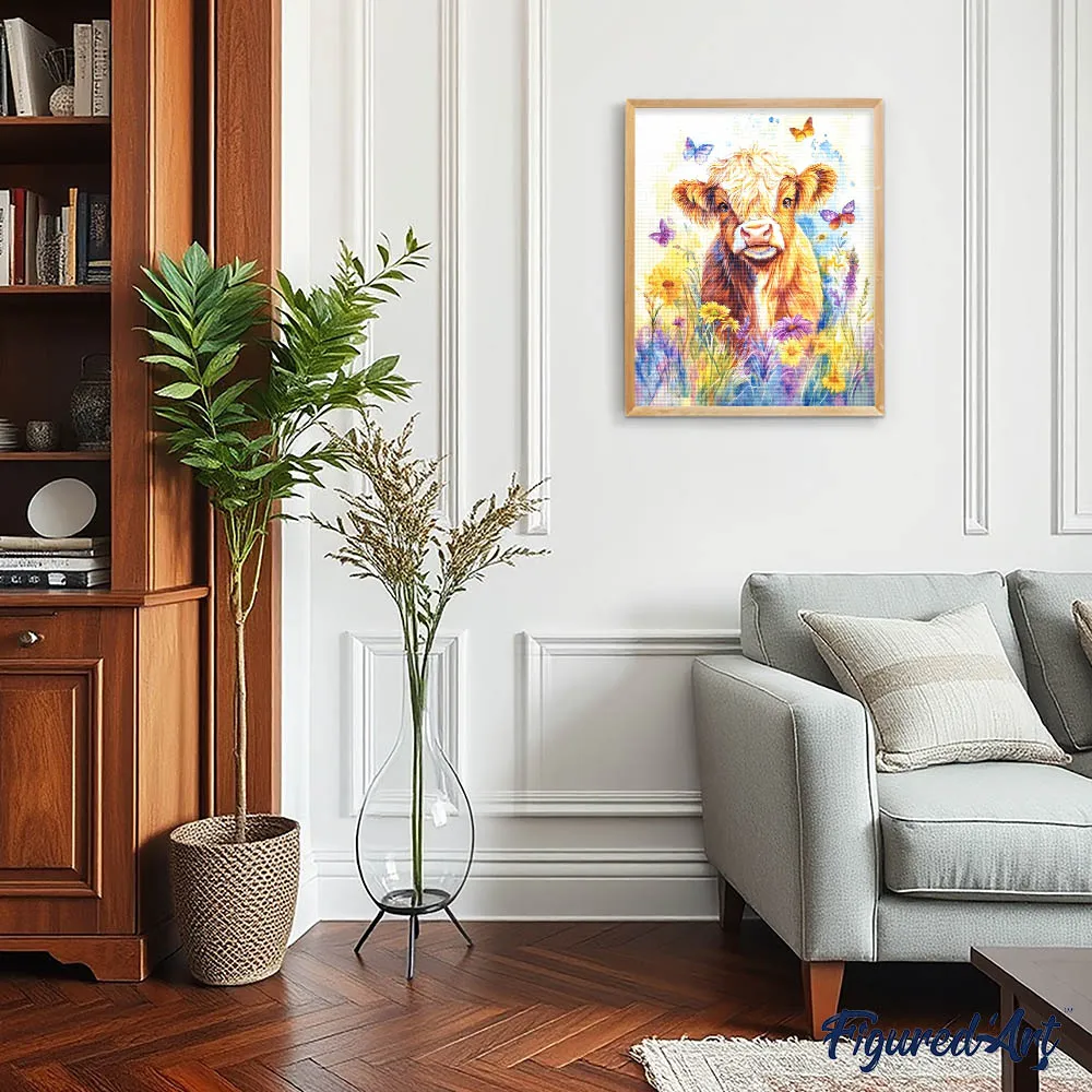 Figured'Art Schotse Hooglander met Vlinders diamond painting 40x50cm