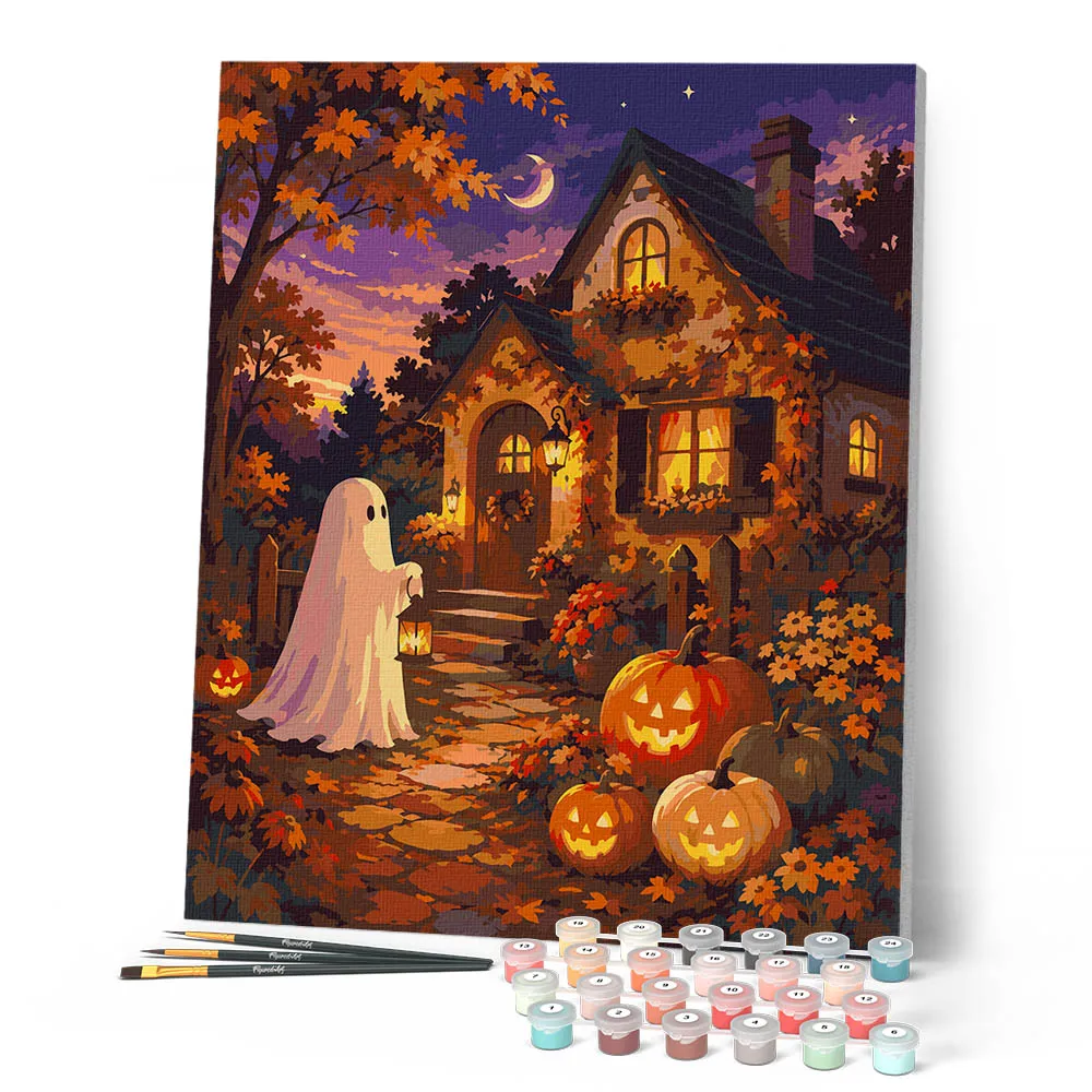 Figured'Art Vriendelijk spook Pompoenhuisje schilderen op nummer 40x50
