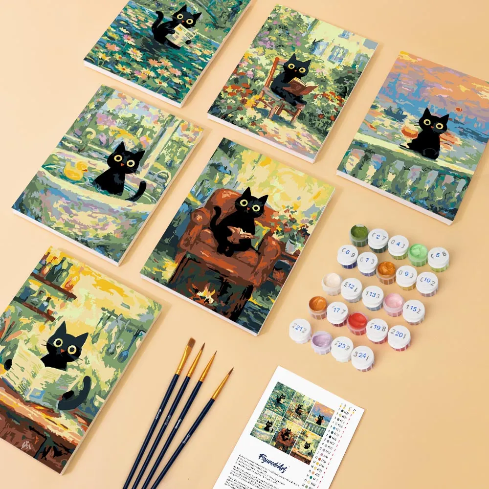 Figured'Art Mini Kat in Claude Monet-stijl schilderen op nummer 6 stuks