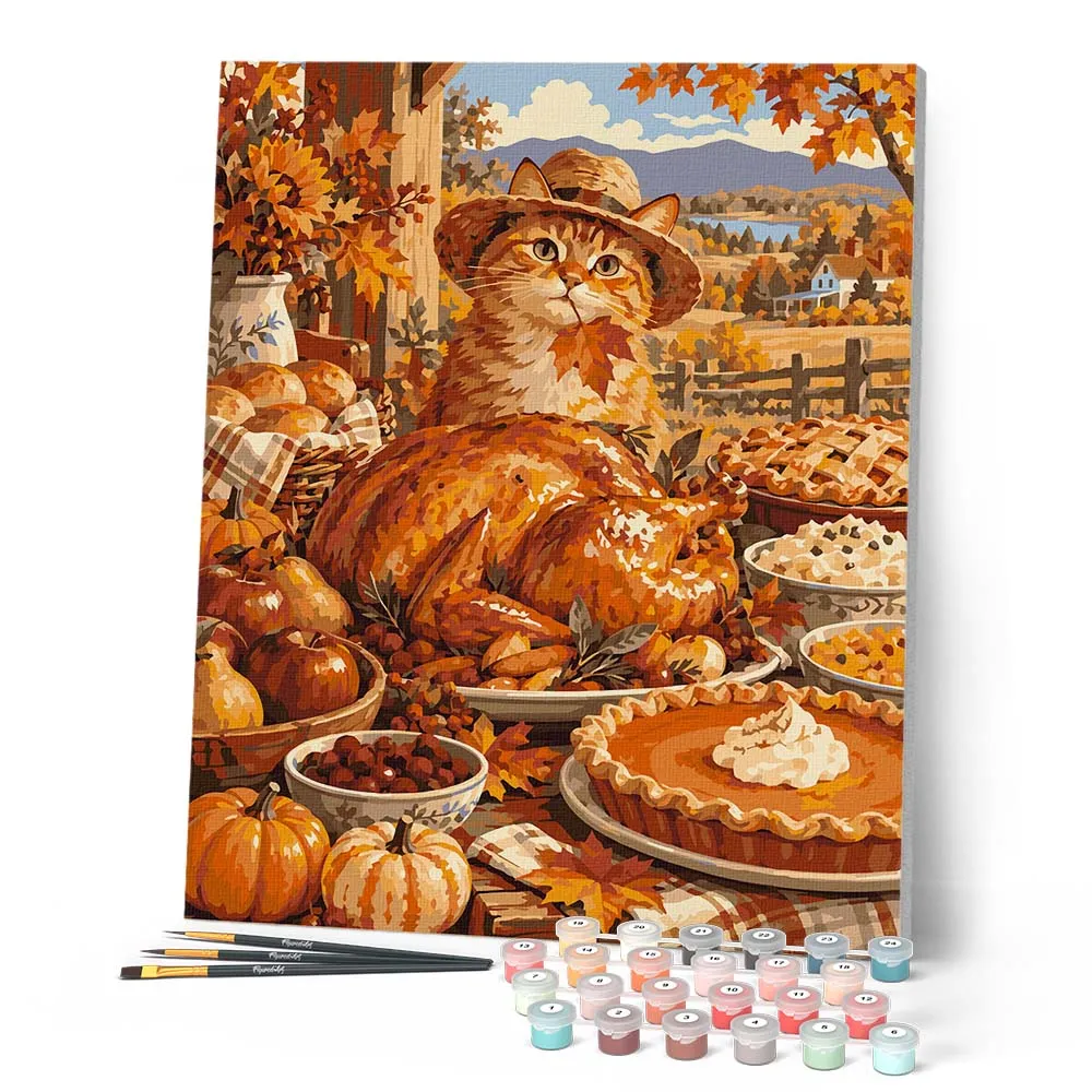 Figured'Art Thanksgiving Kattenfeest schilderen op nummer 40x50