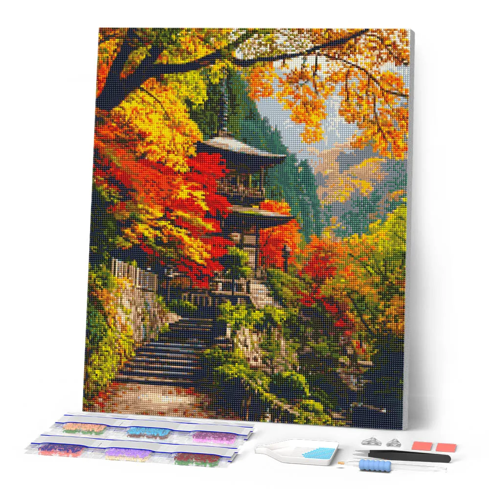 Figured'Art Japanse pagode diamond painting 40x50 herfst