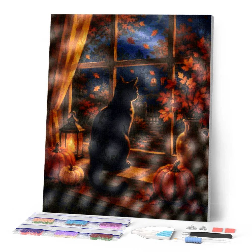 Figured'Art Zwarte Kat Pompoenenraam diamond painting 40x50 cm herfst