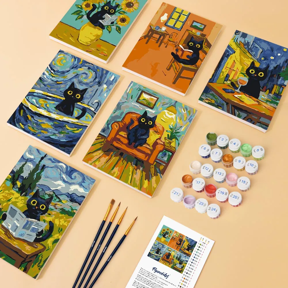 Figured'Art Kat in Van Gogh-stijl schilderen op nummer 6 stuks
