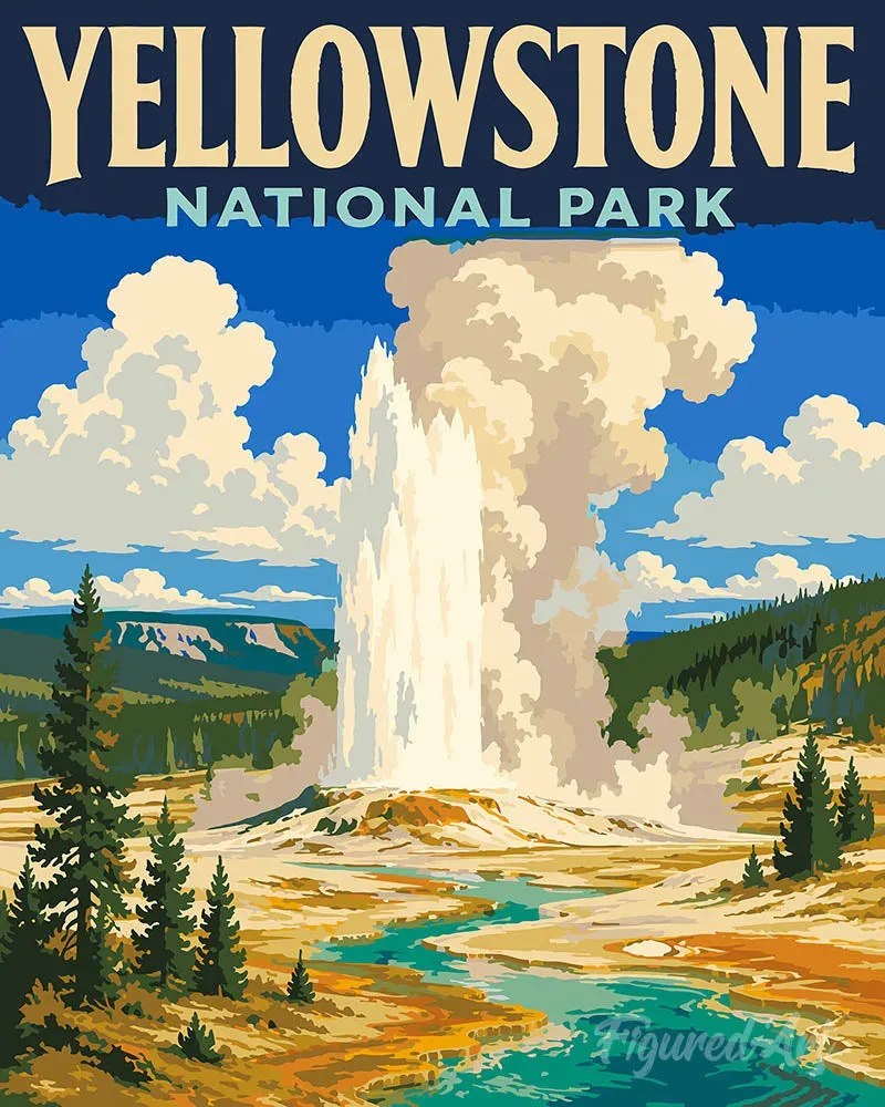 Figured'Art Yellowstone Old Faithful schilderen op nummer 40x50 poster