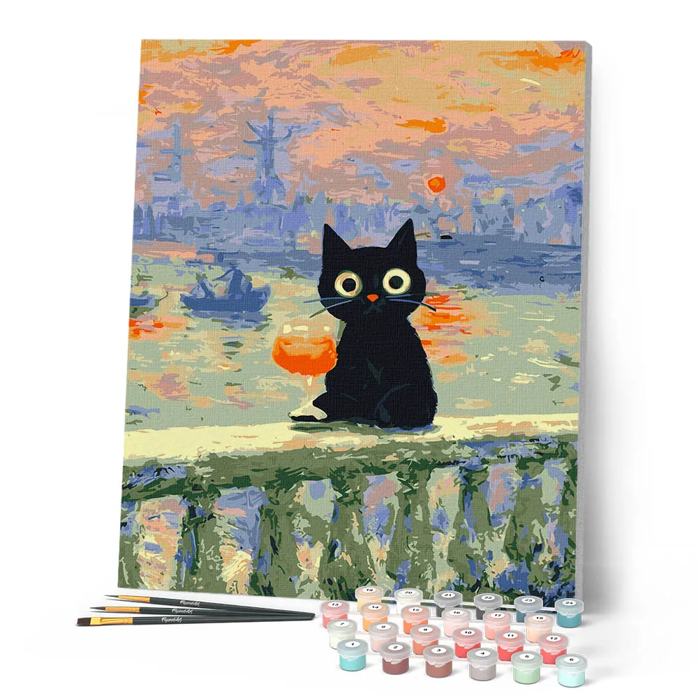 Figured'Art Kat bij Zonsondergang Monet schilderen op nummer 40x50 cm