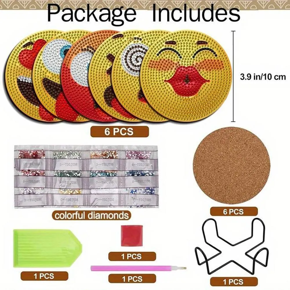 Figured'Art Emoji onderzetters diamond painting 6 stuks kurk