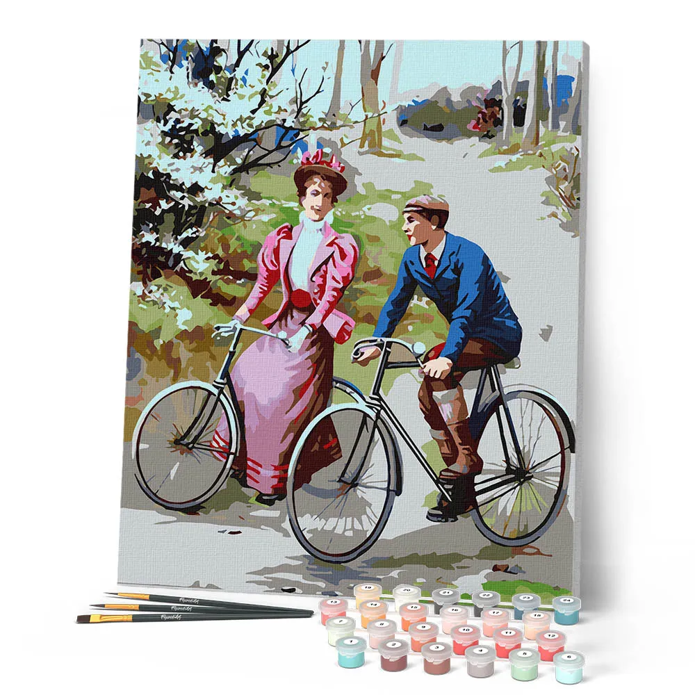 Figured'Art Fietsend stel Vintage Schilderen op Nummer 40x50 cm