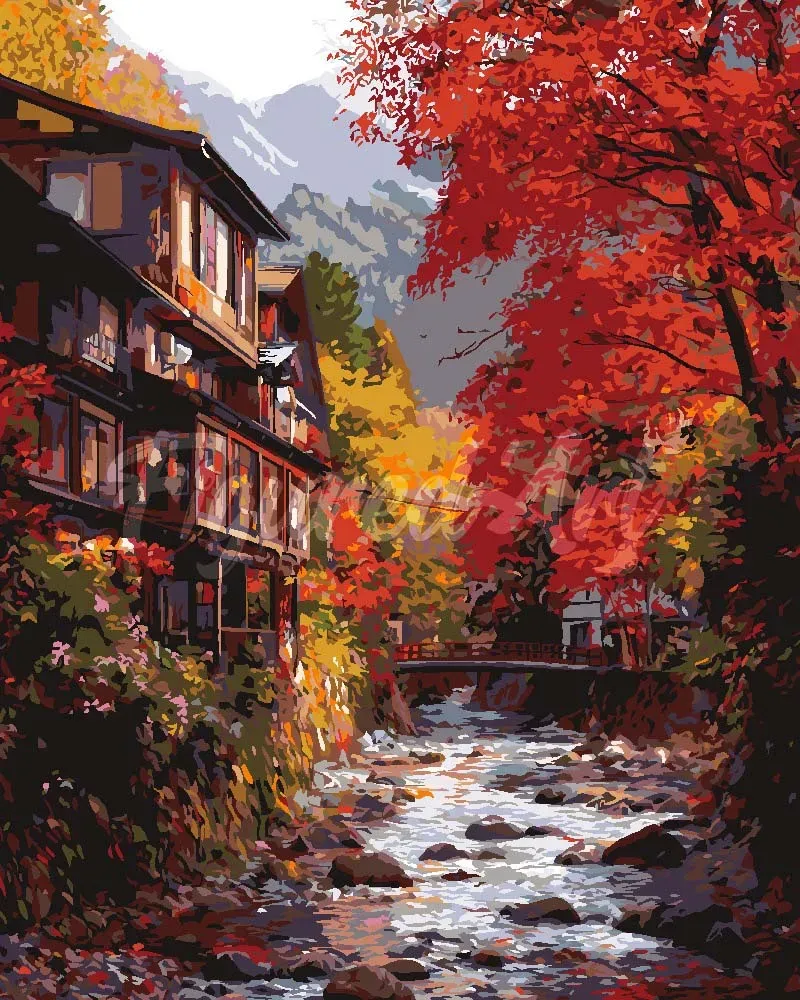 Figured'Art Herfstdorp in Nikkō schilderen op nummer 40x50 herfst