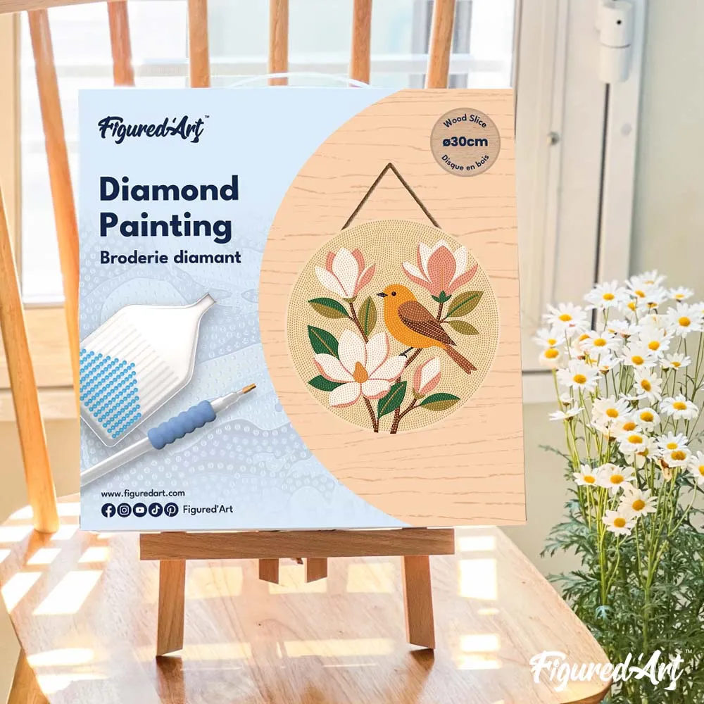Figured'Art Nachtegaal en magnolia's diamond painting hout 30cm rond