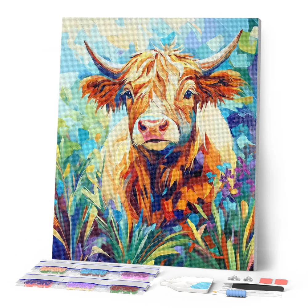Figured'Art Schotse Hooglander in Bloei diamond painting 40x50