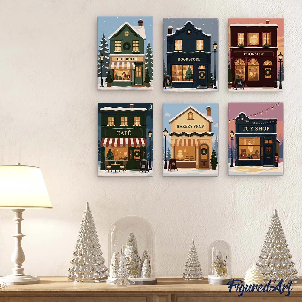 Figured'Art Feestelijk Dorp mini schilderen op nummer 15x20cm 6 stuks