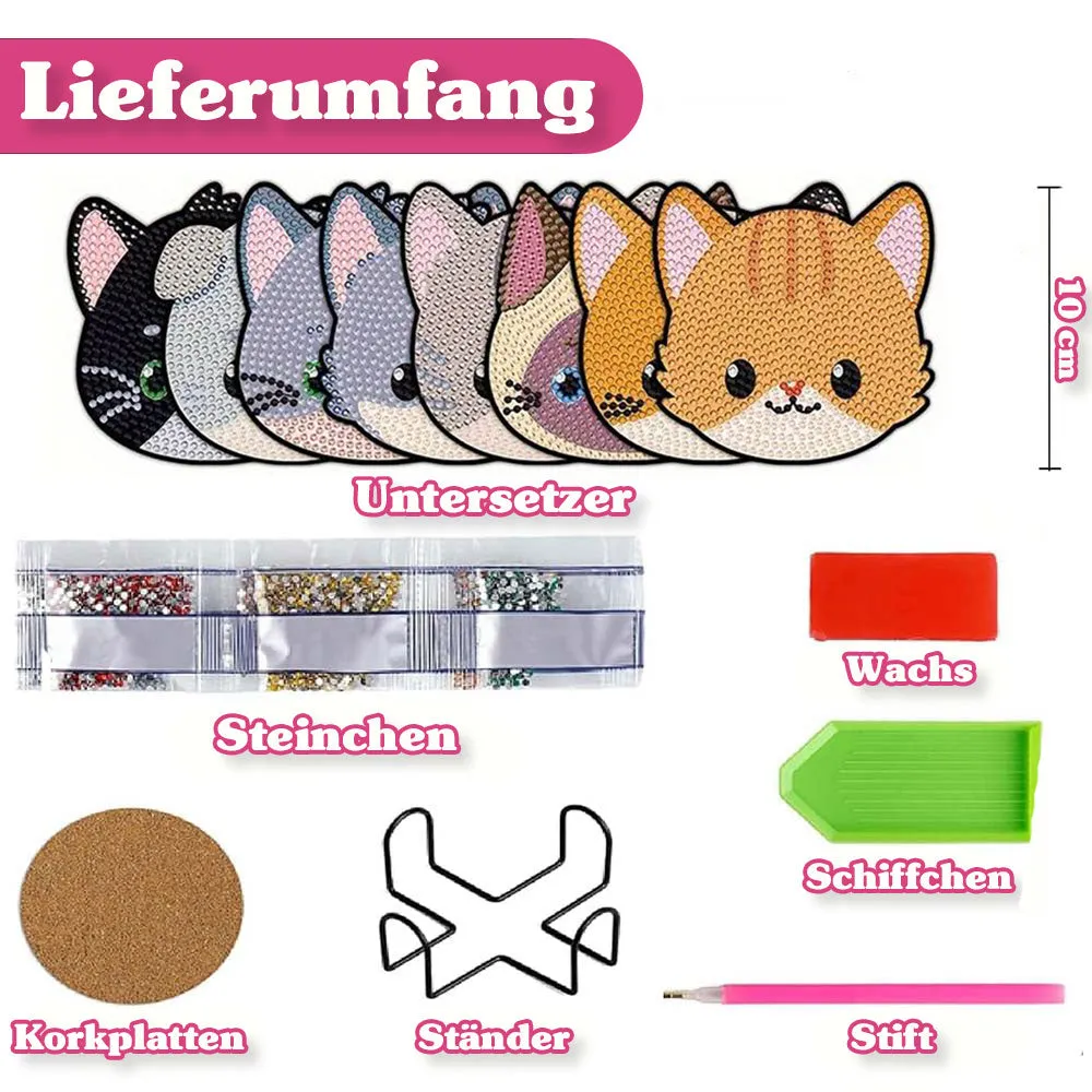 Figured'Art Katten diamond painting onderzetters 10x10cm 8 stuks