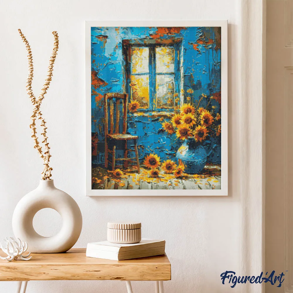 Figured'Art Zonnebloemen blauw raam diamond painting 40x50