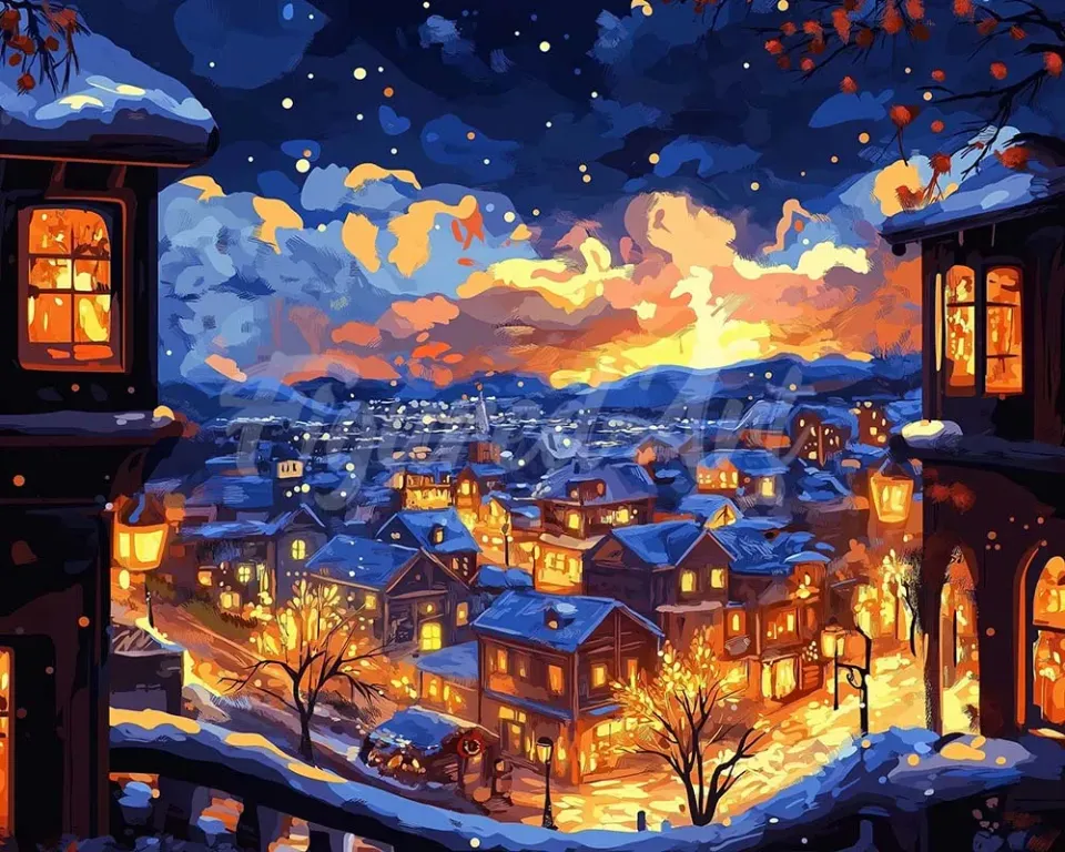 Figured'Art Verlichte Winternacht diamond painting vierkant winter
