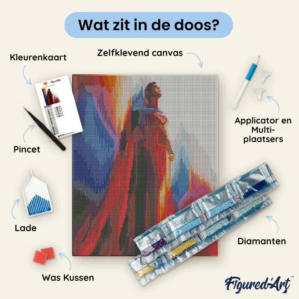 Figured'Art Superman 2025 in de lucht diamond painting ingelijst 40x50