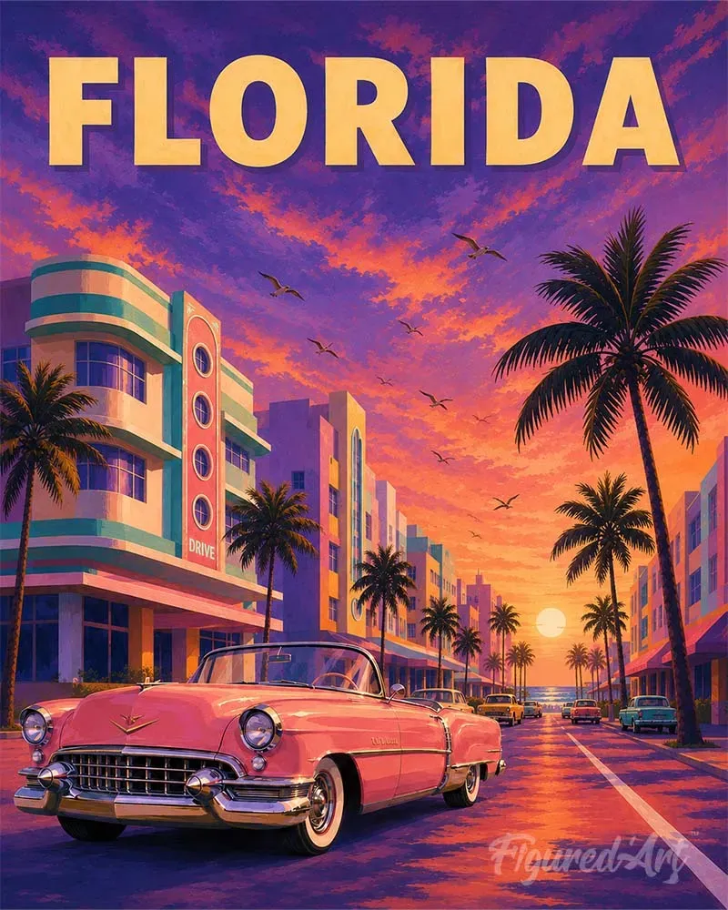 Figured'Art Vintageposter Florida schilderen op nummer 40x50 cm paars