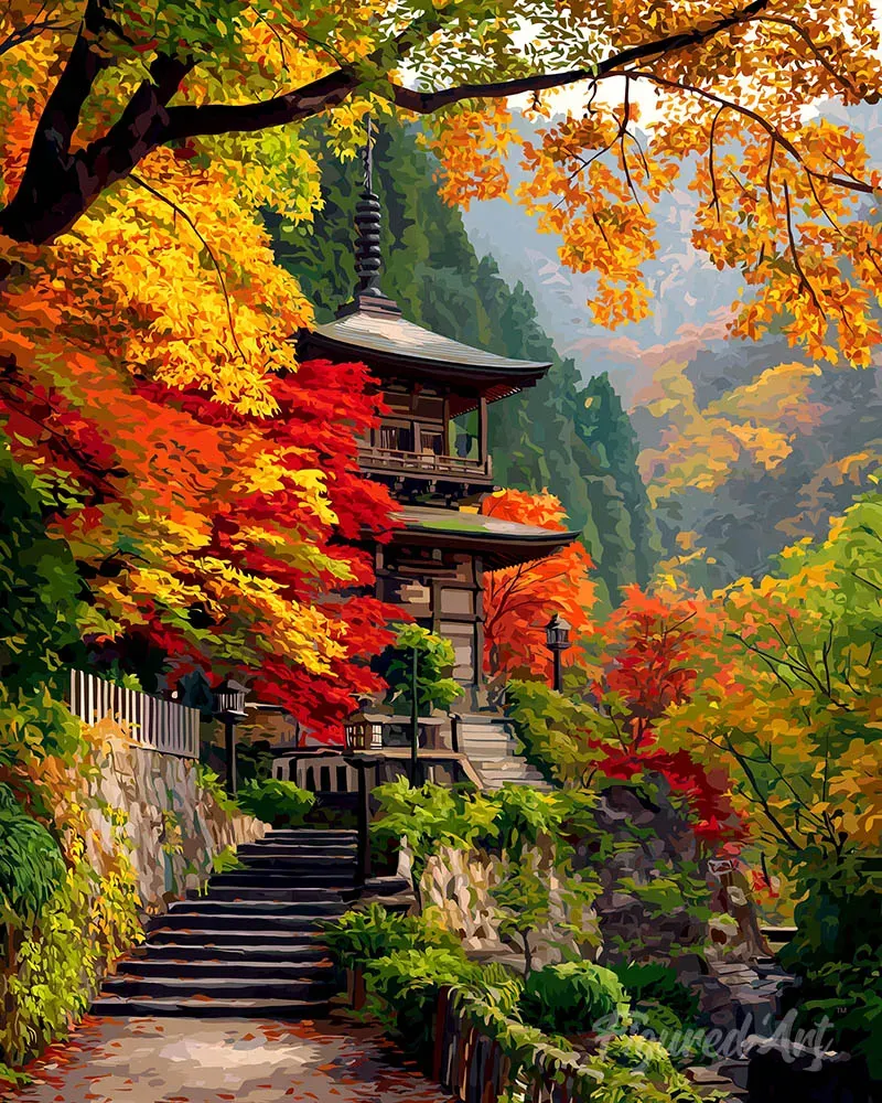Figured'Art Japanse pagode diamond painting 40x50 herfst