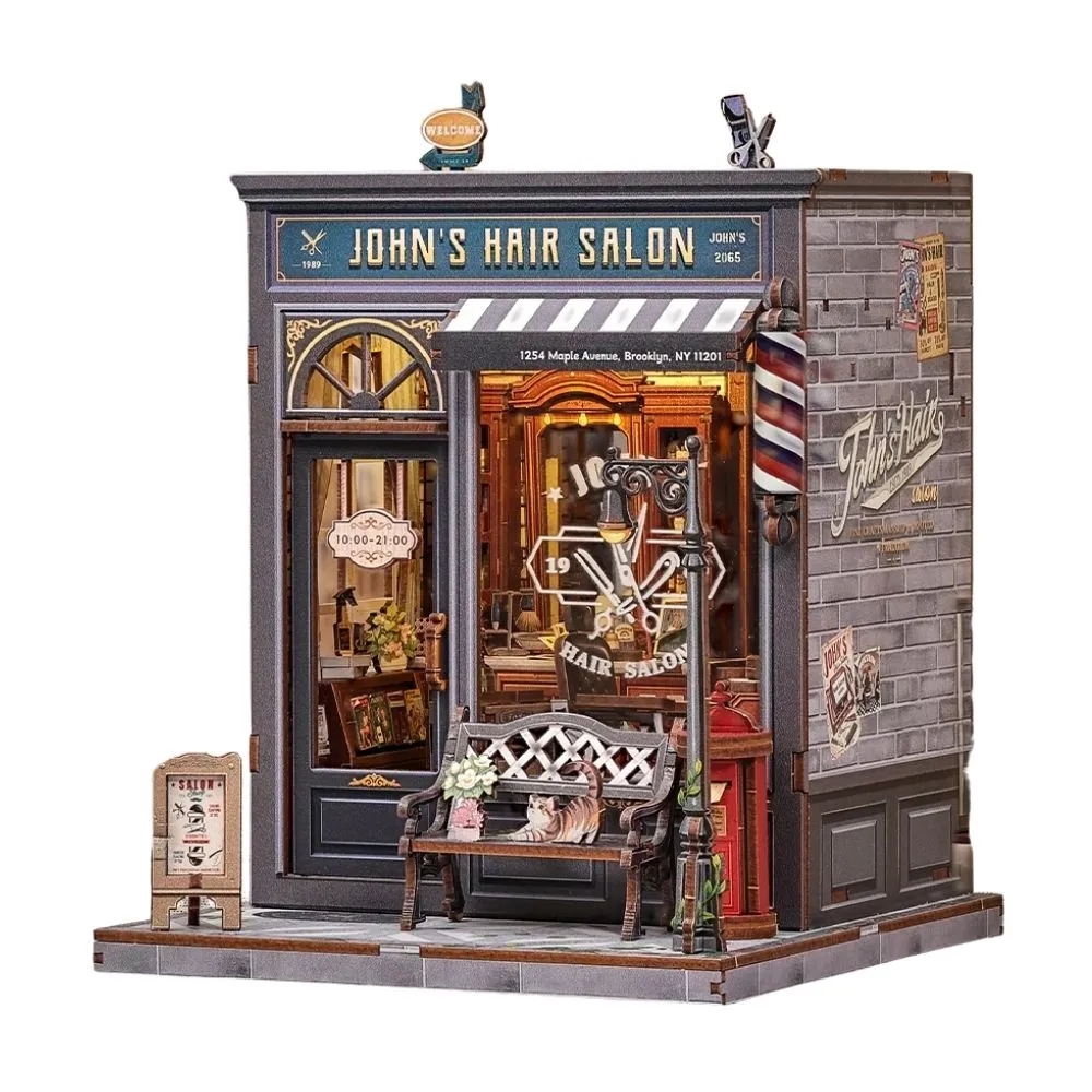 Figured'Art Johns Kapsalon miniatuurhuisje met LED-verlichting