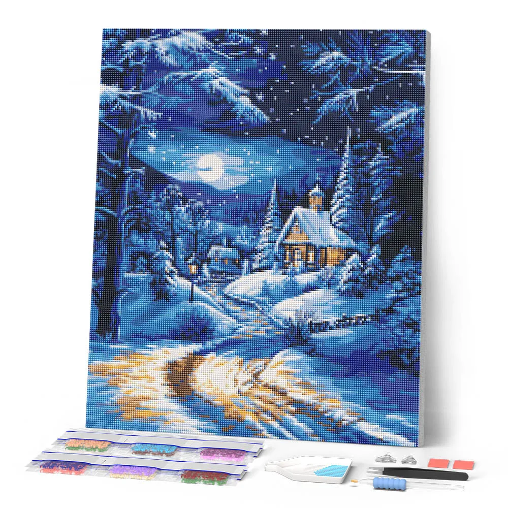 Figured'Art Winterhuisje bij Maanlicht diamond painting 40x50 cm