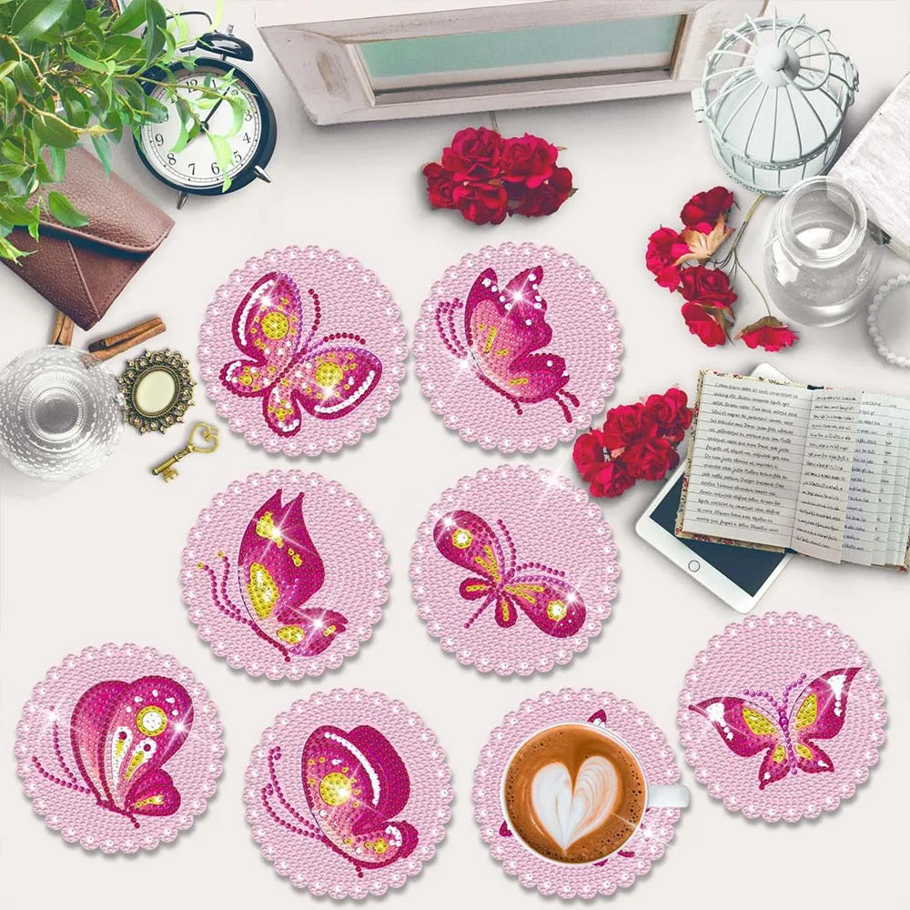 Figured'Art Roze Vlinders diamond painting onderzetters 10x10cm 8 stuks