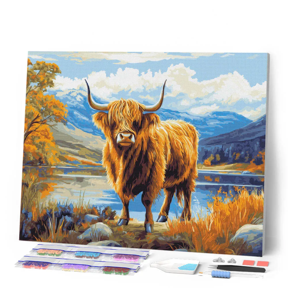Figured'Art Schotse Hooglander aan de gouden oever diamond painting 40x50 cm