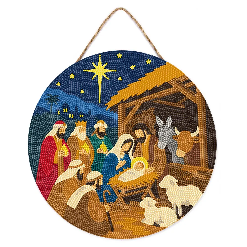 Figured'Art Kerststal diamond painting houten schijf 30 cm rond