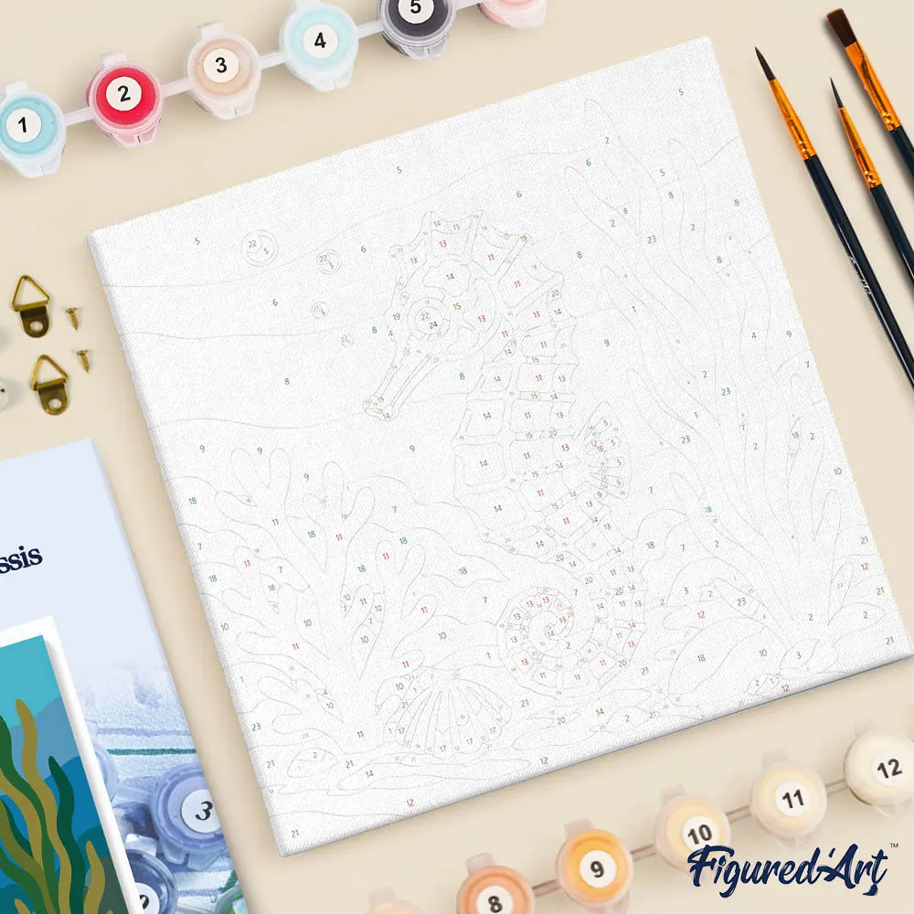 Figured'Art Mini Zeepaardje schilderen op nummer 20x20 cm met frame
