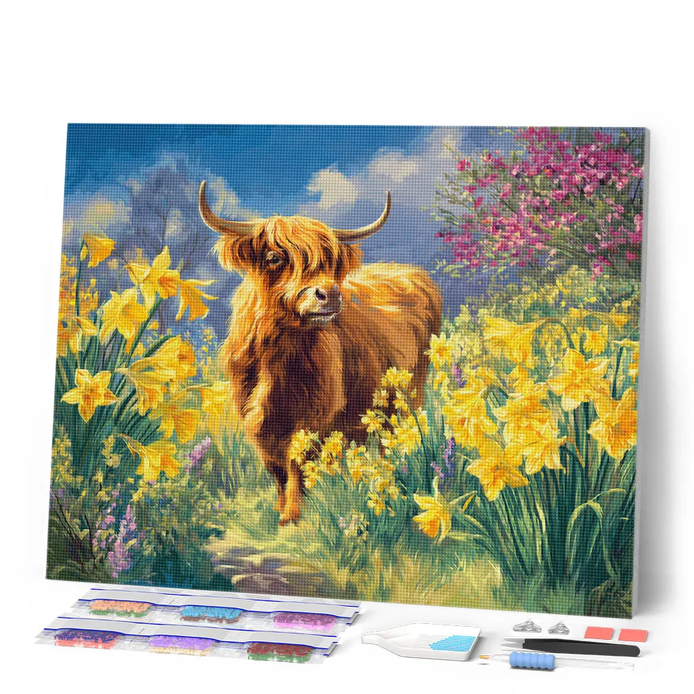 Figured'Art Schotse Hooglander met Narcissen diamond painting 40x50