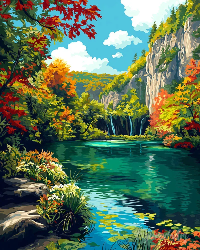 Figured'Art Smaragdmeer in de herfst diamond painting 40x50 cm